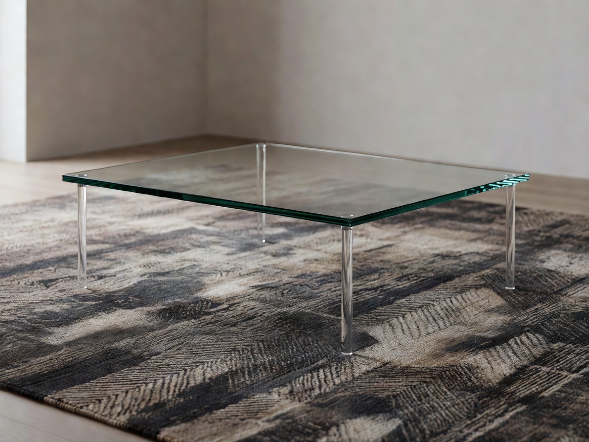 A minimalist transparent glass coffee table over a textured rug