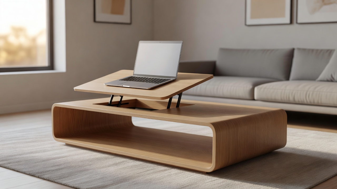 A modern coffee table with a lifted top section acting as a laptop desk