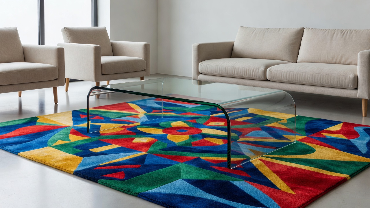 A modern living space featuring a completely transparent bent glass coffee table over a colorful rug