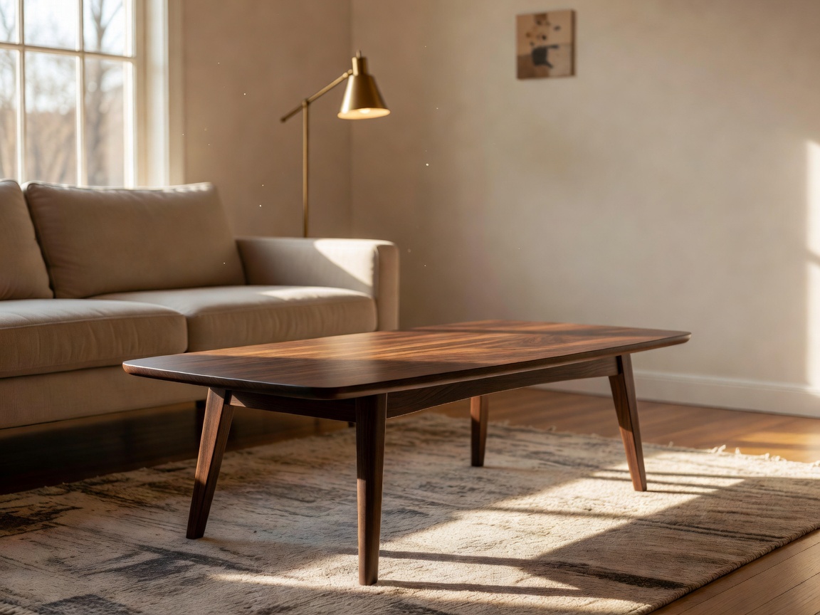 A sleek walnut mid-century modern coffee table in a sunlit room