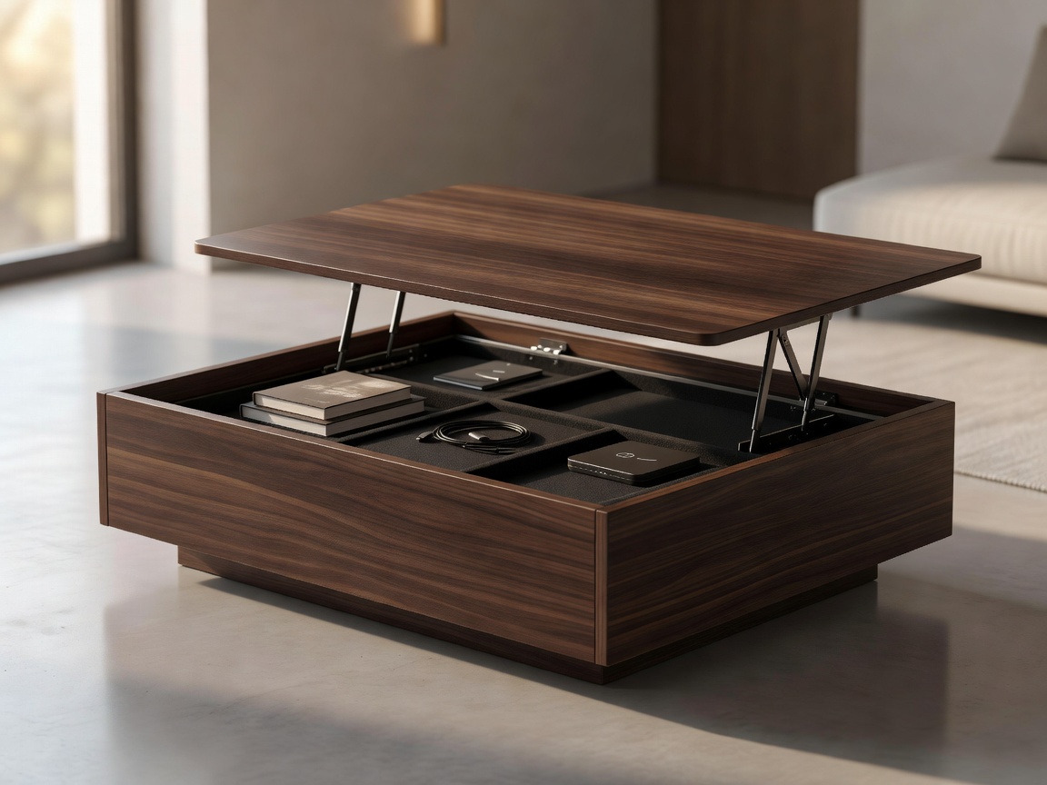 A smart coffee table with a lifted top revealing hidden storage