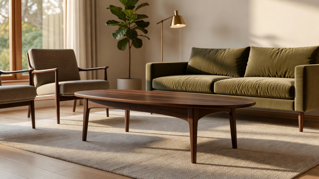 A stylish living room featuring a curved mid-century modern wooden coffee table