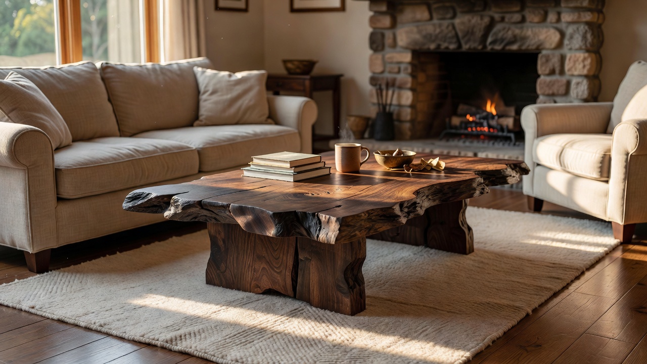A thick, live-edge wood coffee table in a cozy, sunlit living area