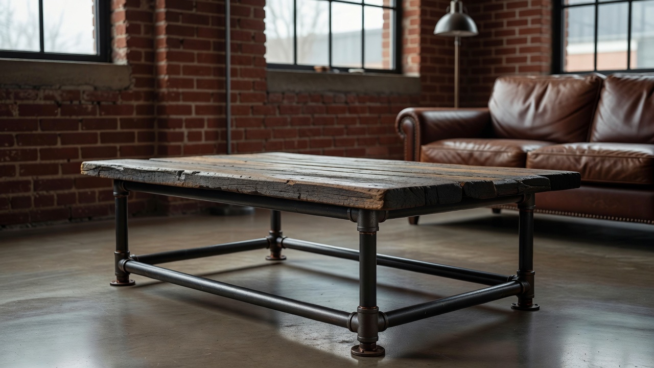 An industrial coffee table featuring dark steel piping and a distressed wood top in a loft apartment