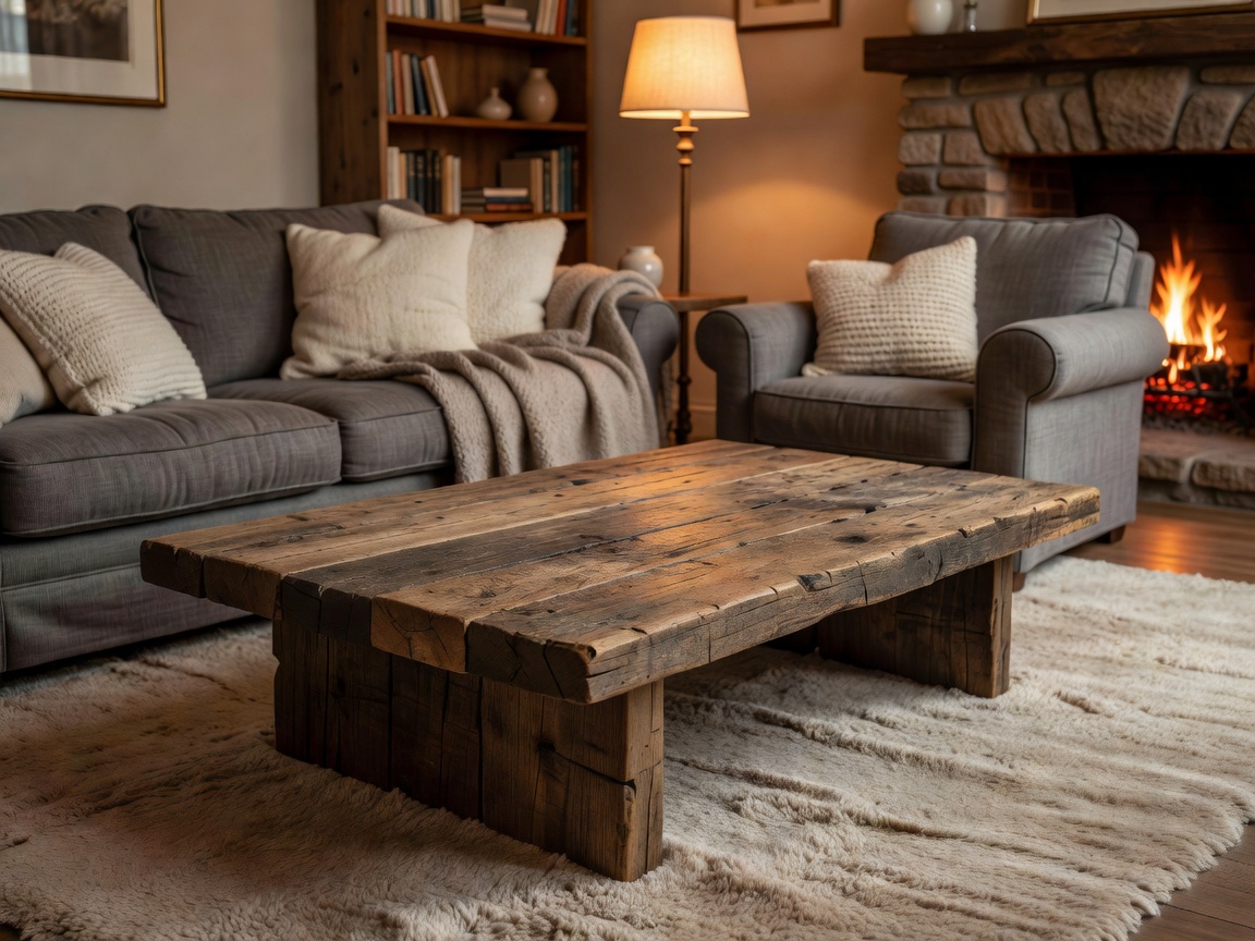 Chunky reclaimed wood coffee table in a cozy living setup