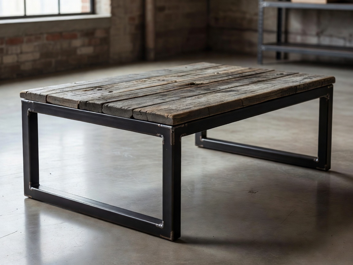 Metal framed industrial coffee table with distressed wood top